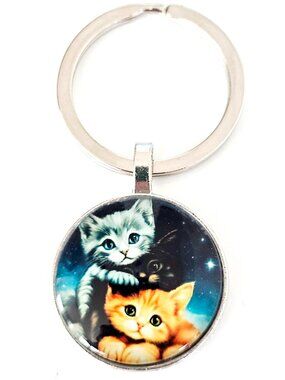 Cute Kittens Keychain Three Kitties Galaxy Cat Glass Cabochon Cute Bag Charm